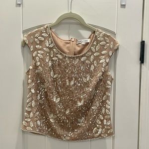 Kay Unger Beaded Sequin Cap Sleeve Crop Top